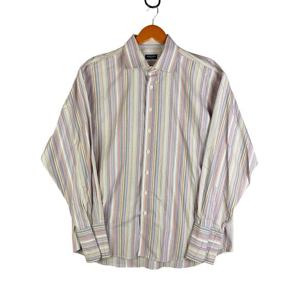 Balmain Paris Striped Luxery Button Up Dress Shirt Pink Multicolor Men 17 1/2 44 - Picture 1 of 11